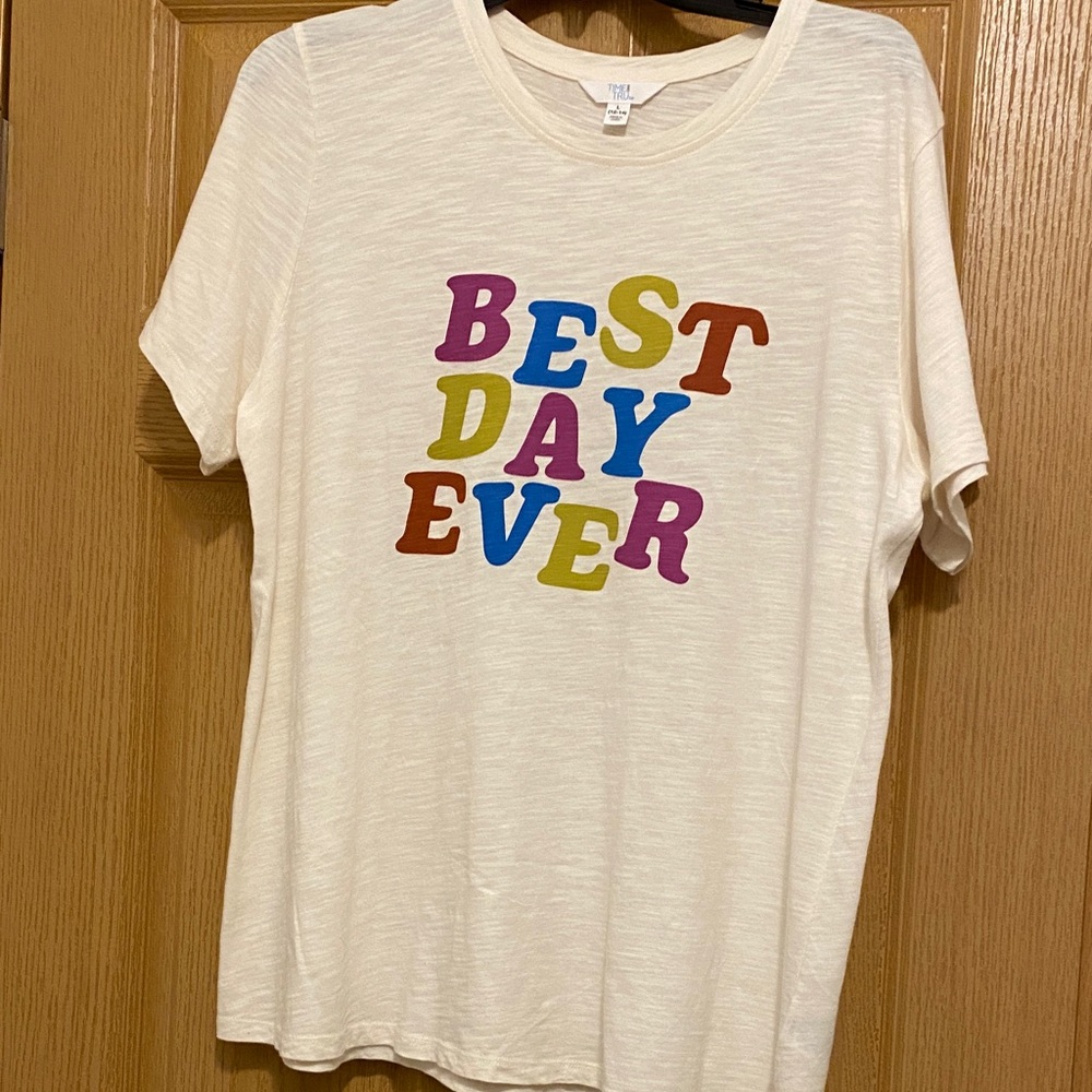 Time and Tru Cream Graphic Tee with Multicolor Letters New without tags